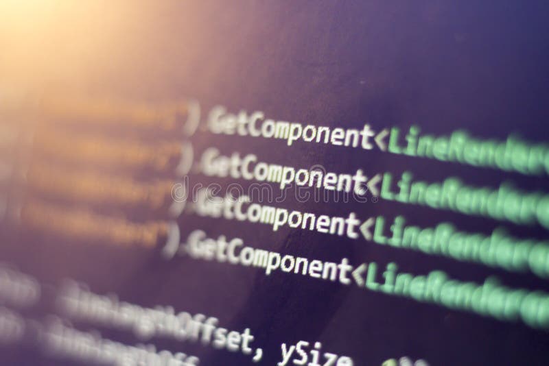 Software development C-Sharp C ,. NET code close up. Macro shot of game developer screen stock photo