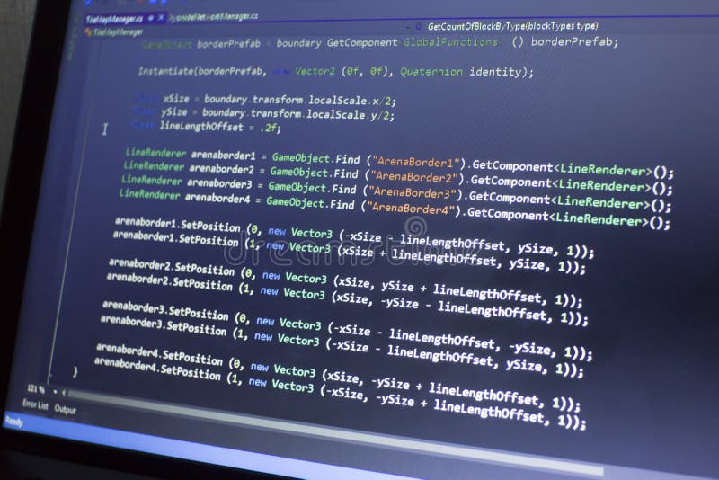 Software development C-Sharp C ,. NET code close up. Macro shot of game developer screen stock image