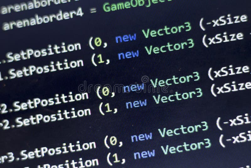 Software development C-Sharp C ,. NET code close up. Macro shot of game developer screen stock photography