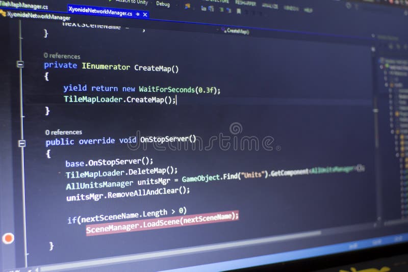 Software development C-Sharp C ,. NET code close up. Macro shot of game developer screen stock image