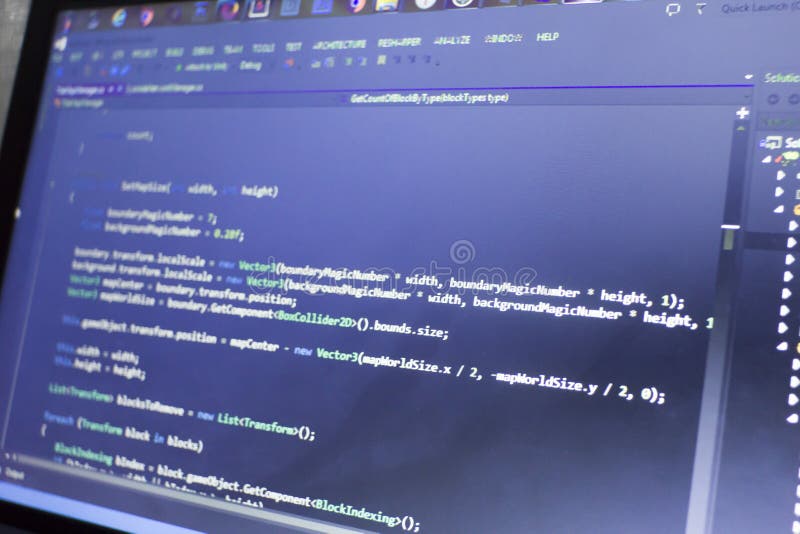Software development C-Sharp C ,. NET code close up. Macro shot of game developer screen stock photography
