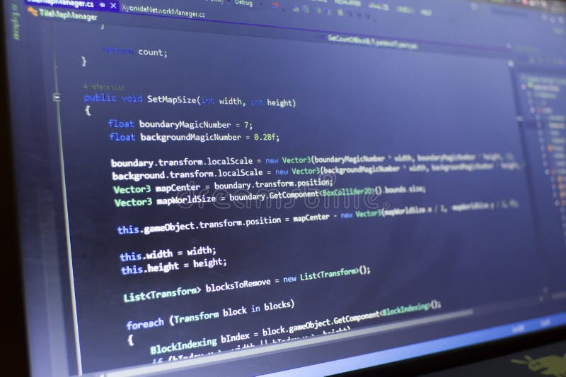 Software development C-Sharp C ,. NET code close up. Macro shot of game developer screen royalty free stock photography
