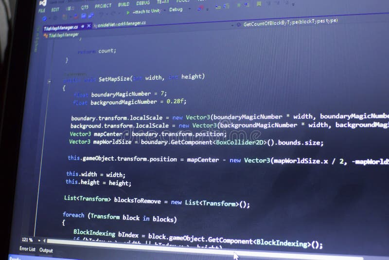 Software development C-Sharp C ,. NET code close up. Macro shot of game developer screen royalty free stock images