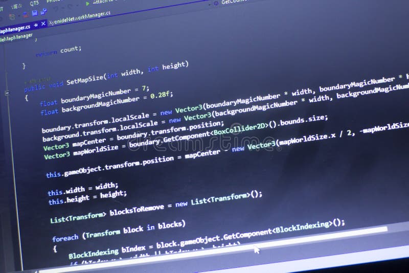 Software development C-Sharp C ,. NET code close up. Macro shot of game developer screen royalty free stock photos