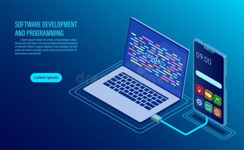Software development and coding. programming of concept stock illustration