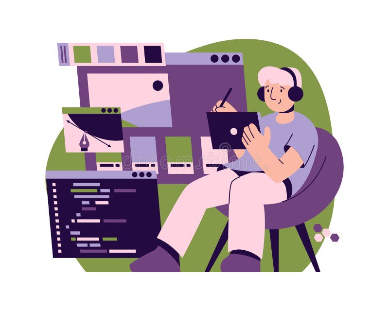 Software Development, Designer Drawing Webpage Stock Vector