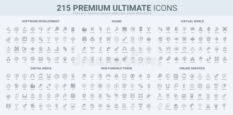 Software development, digital music, video and games, sound, virtual world line icon set stock illustration