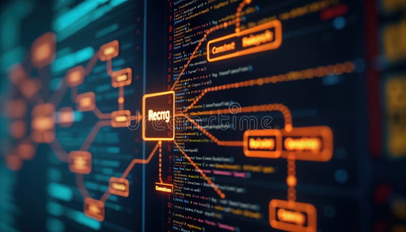Software development flowchart displays branching merging pull request commit master development, release version process. Visual vector illustration