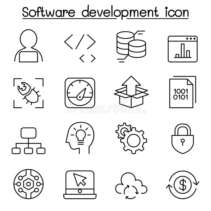Software development icon set in thin line style