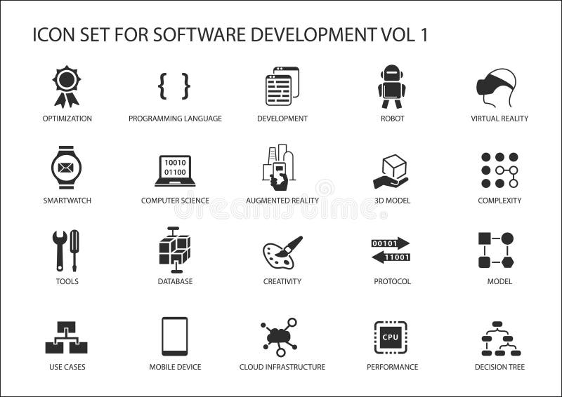 Software development icon set. Vector symbols to be used for Software development and information technology stock illustration
