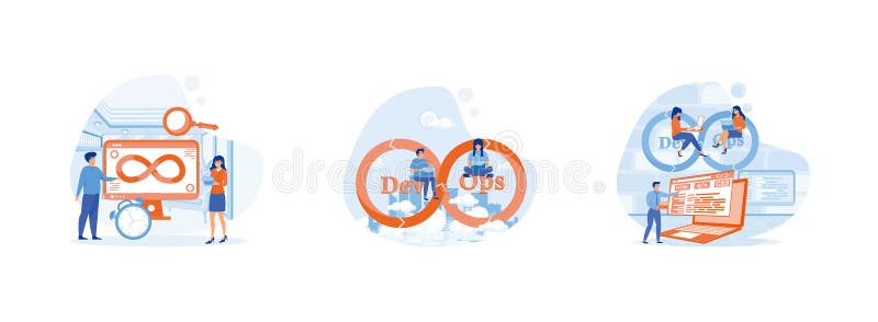 Software development. Software management. DevOps engineers web design with people. vector illustration