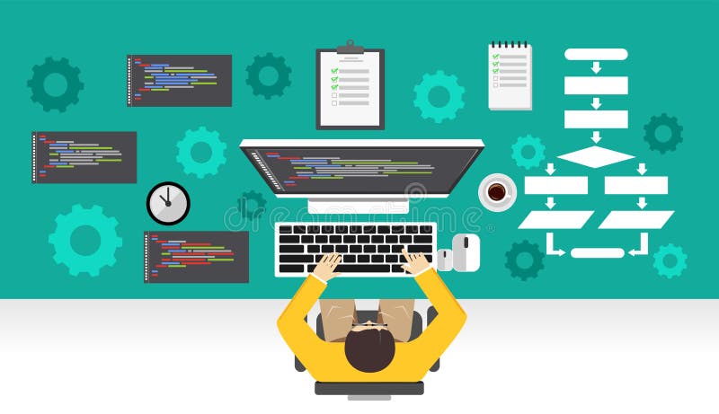 Software development. Programmer working on computer. Programming mechanism concept royalty free illustration
