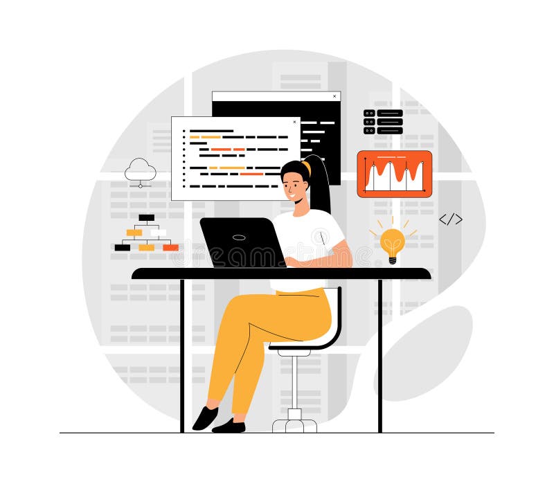 Software development, programming, coding. Woman working with program code, testing and optimization, engineering vector illustration