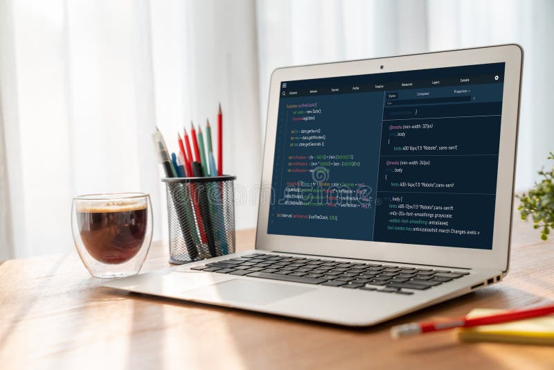Software development programming on computer screen for modish application. And program coding. Software program code illustrations