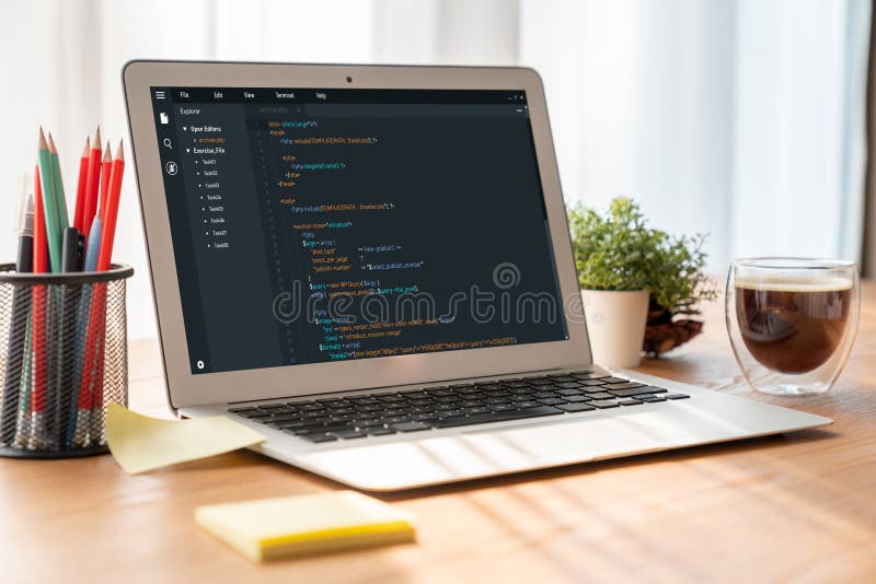 Software development programming on computer screen for modish application and program coding software development programming on