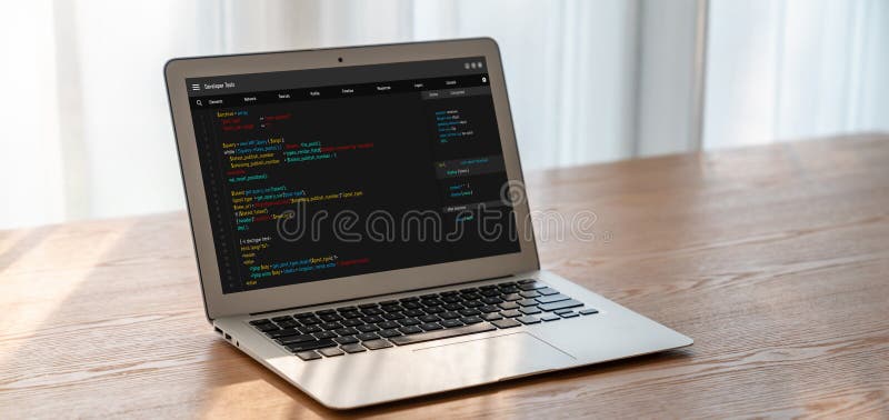 Software development programming on computer screen for modish application. And program coding. Software program code illustrations