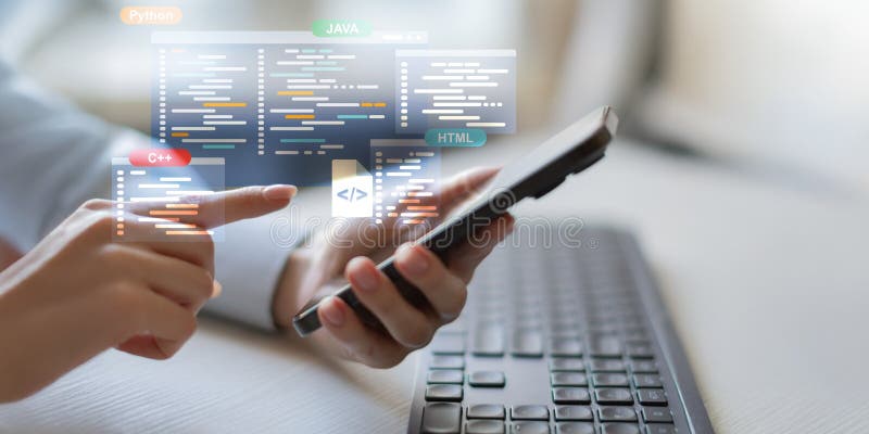Software Development and Programming Languages Displayed on a Virtual Coding Interface stock images