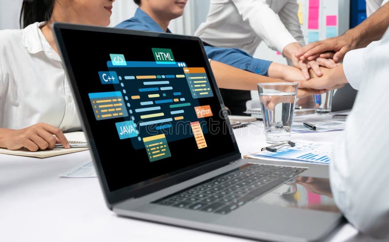 Software development or programming work with coding screen brisk software development or programming work with coding screen of стоковая фотография