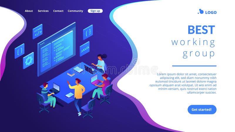 Software development team isometric 3D landing page. stock illustration