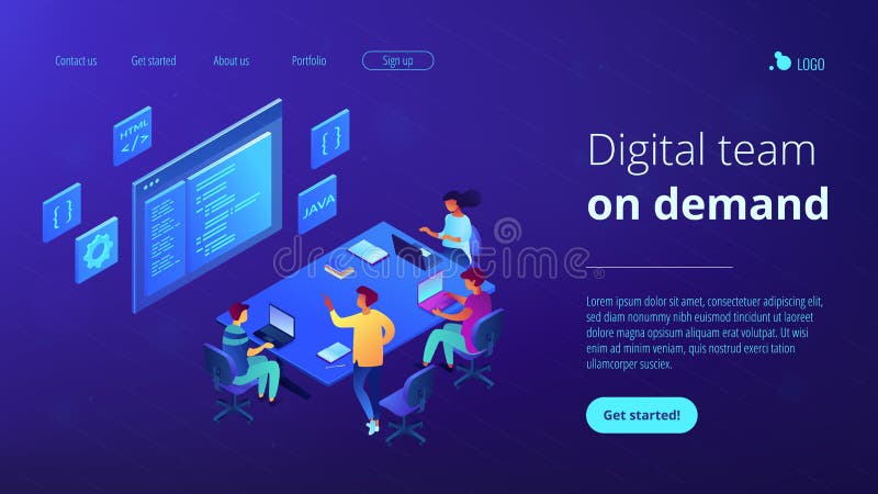Software development team isometric 3D landing page. stock illustration
