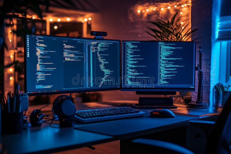 Software development workspace with code on screen. royalty free stock images