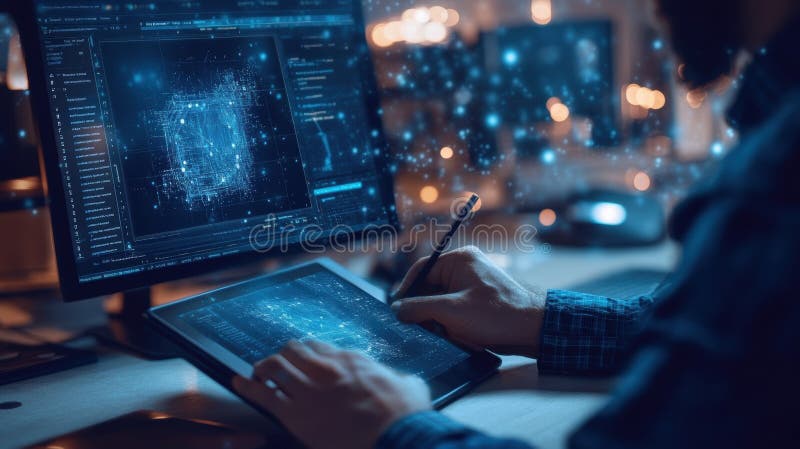 Software engineer developing futuristic innovative technology using digital pen and tablet stock image