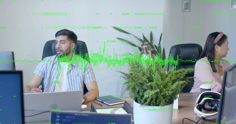 Software engineer glancing toward colleague sharing idea, causing green waveform pulsing on laptop royalty free illustration