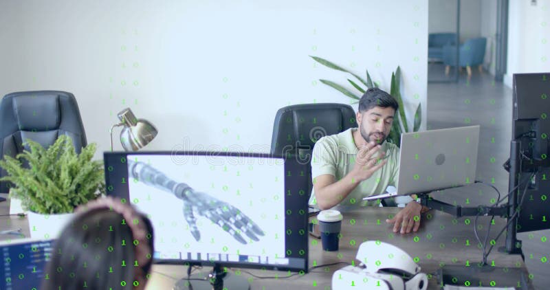 Software engineer listening to colleague, showing code overlay on prosthetic hand for design review stock illustration