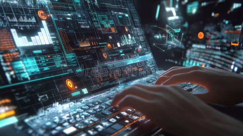 Software Engineer programmazione di un'interfaccia futuristica per la sicurezza informatica sul laptop fotografia stock libera da diritti