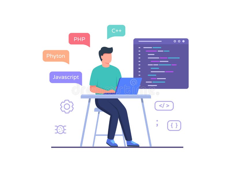 Software Engineer Sit in Chair Working on Laptop Use Programming Language Code with Flat Cartoon Style. Stock Vector - Illustration of flat, object: 189895214 Software Engineer Sit in Chair Working on Laptop Use Programming Language Code with Flat Cartoon Style. Stock Vector - Illustration of flat, object: 189895214