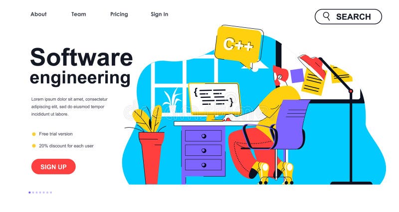 Software engineering concept for landing page template. Programmer creates apps, works at computer. Development of programs people royalty free illustration