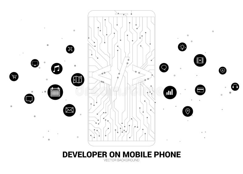 Software-ontwikkeling de gevormde mobiele telefoon van de programmeringsmarkering pictogram met grafische kringslijn stock illustratie Software-ontwikkeling de gevormde mobiele telefoon van de programmeringsmarkering pictogram met grafische kringslijn stock illustratie