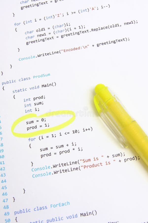 Software program code. A sheet of paper with several lines of software program code in C# language. Basic programming code stock images, royalty-free photos and pictures