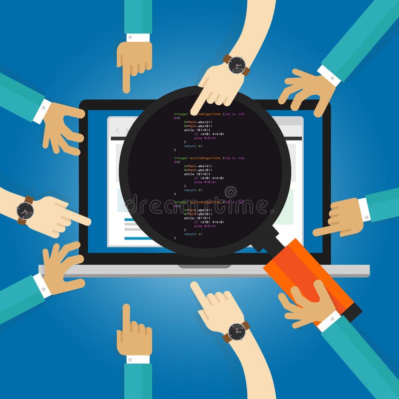 Software review testing coding and programming performance user acceptance test UAT client revision hand looking closer royalty free illustration