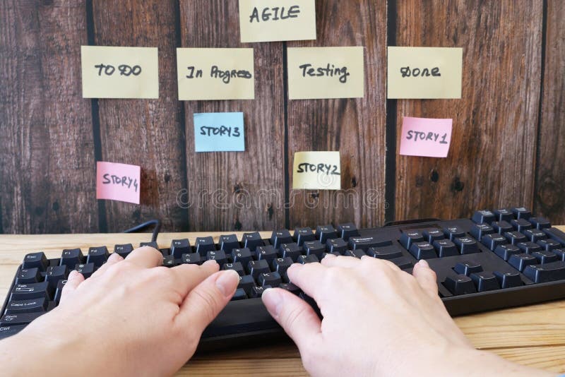 Software scrum agile board with paper task, agile software development methodologies stock image