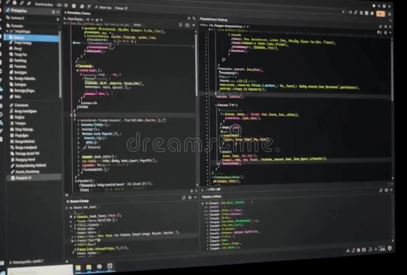 Software source code shows structure program in editor with syntax highlighting on dark theme. Programming code process for development and technology shows information. Syntax programming video
