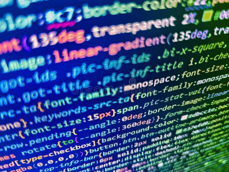 Software source code. Yellow sunflowers in the field. Digital technology on display. Close up of computer web page code inside of royalty free stock image