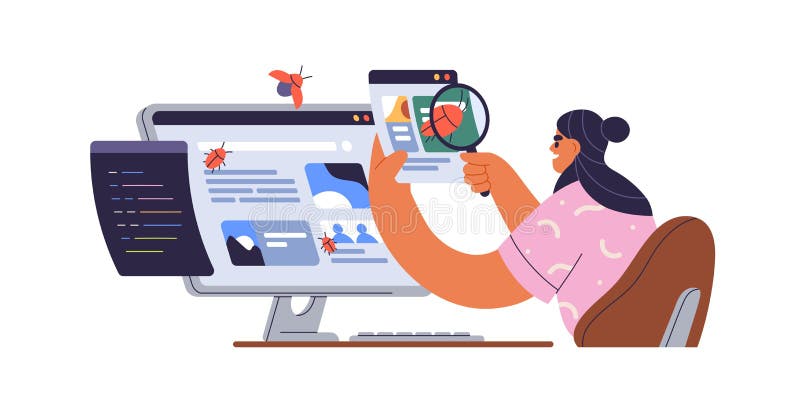 Software tester at computer, finding program bugs, analyzing code mistakes with magnifier. QA, testing automation royalty free illustration