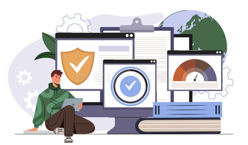 Software testing concept. Man with tablet near computer with programs. Programmers and IT specialists fix errors in code. Coding stock illustration