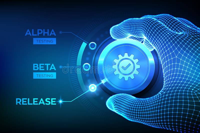 Software testing engineering concept. Alpha Beta Release testing. Wireframe hand turning a test process knob and selecting Release vector illustration