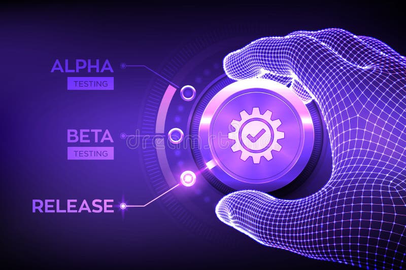 Software testing engineering concept. Alpha Beta Release testing. Wireframe hand turning a test process knob and selecting Release product mode. Software or app development phases Vector illustration