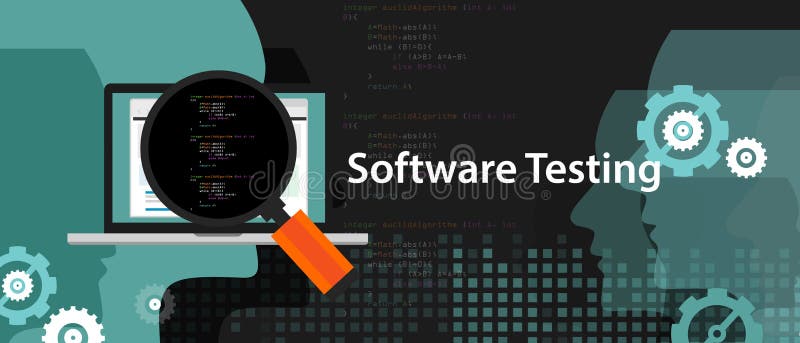 Software testing looking closer close-up to the source code script to find bug vector illustration
