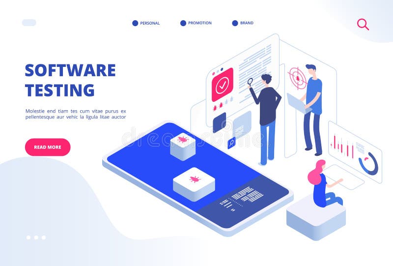 Software testing. Online computer test inspection application bug fixing prototype system website development service vector illustration