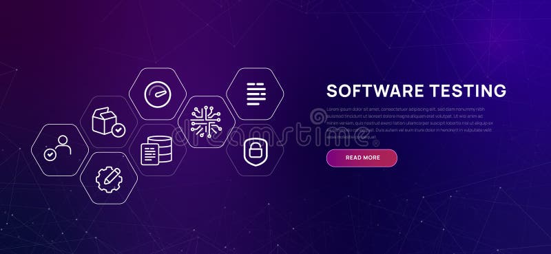 Software testing vibrant purple background with icons concept of coding review and user acceptance test code efficiency vector illustration