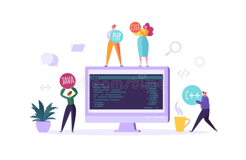 Software-und Webseiten-Programmierungskonzept Programmierer Characters Working auf Computer mit Code auf Schirm freiberufler lizenzfreie abbildung Software-und Webseiten-Programmierungskonzept Programmierer Characters Working auf Computer mit Code auf Schirm freiberufler lizenzfreie abbildung