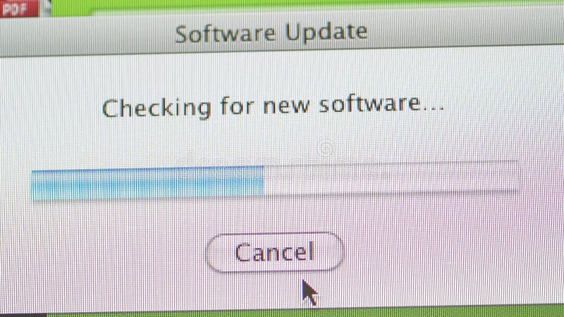 Software update - checking for new software progression bar line on the screen of a modern computer display - cancel button below of the software update window.
