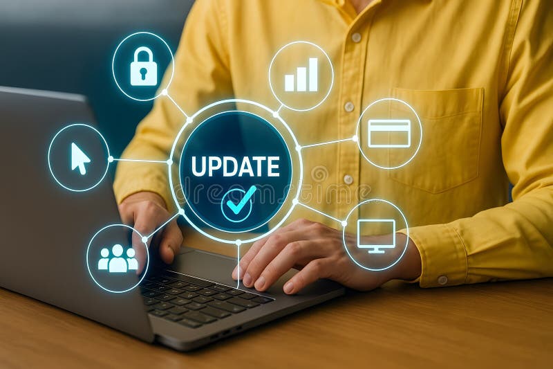 Software update notification with connected icons around laptop user royalty free illustration
