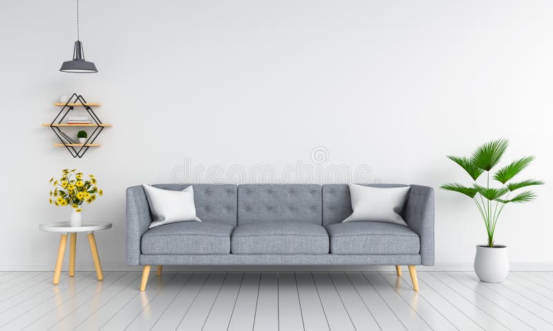 Sofà grigio in salone per il modello, rappresentazione 3D