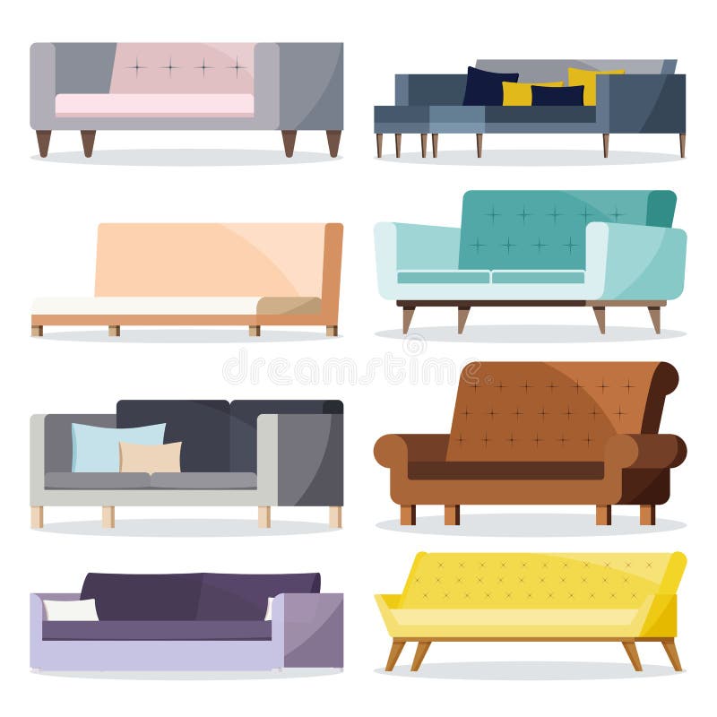 Sofà molle e di cuoio di forma differente colorata isolata con l'insieme dell'icona del cuscino illustrazione vettoriale Sofà molle e di cuoio di forma differente colorata isolata con l'insieme dell'icona del cuscino illustrazione vettoriale