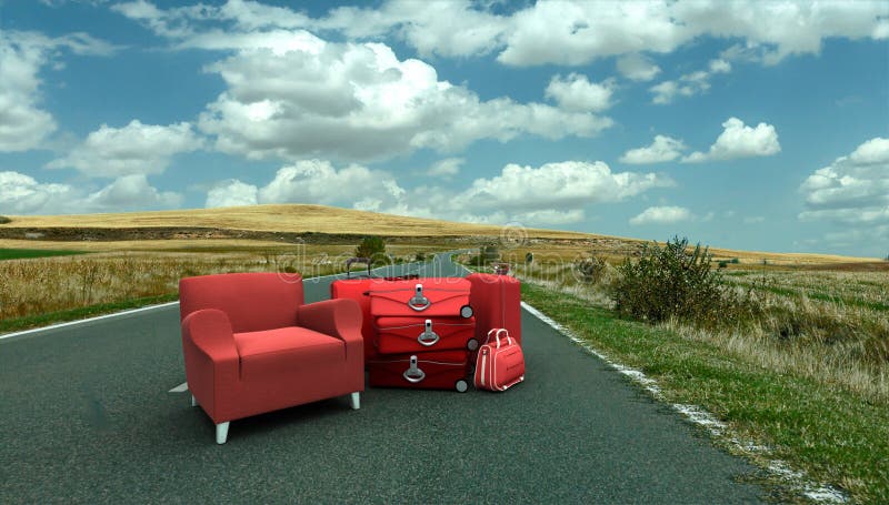 Red sofa and a pile of luggage in the middle of a country road. Red sofa and a pile of luggage in the middle of a country road